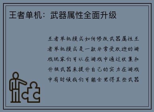 王者单机：武器属性全面升级